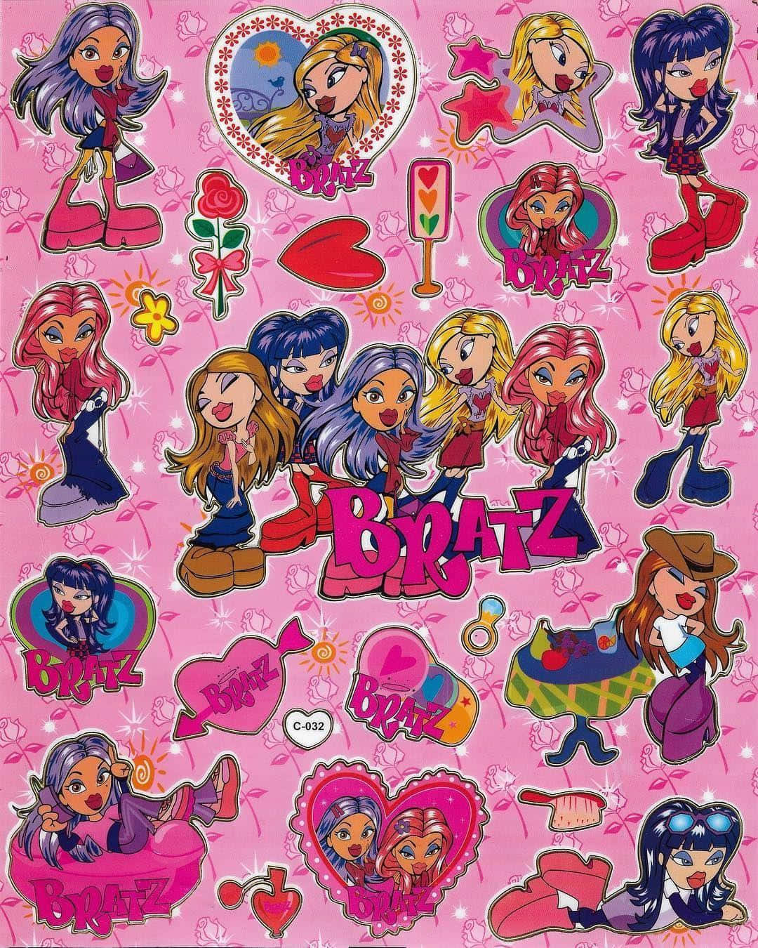 Pink Y2k 桌布 壁紙 — 充滿活力的粉紅色桌布， featuring 各種姿勢的 Bratz 卡通女孩，配有愛心、玫瑰和閃亮貼紙。