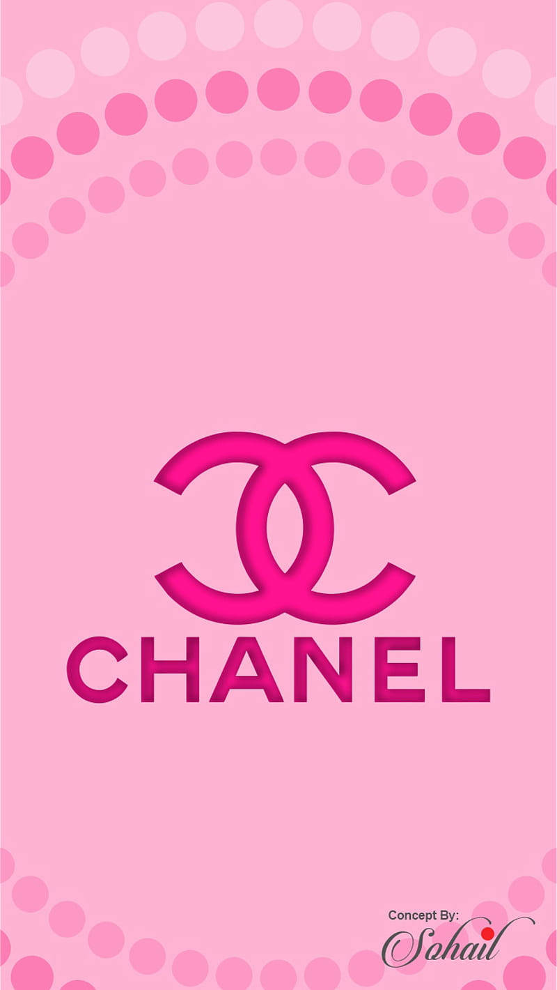 Pink Chanel Logo 桌布 壁紙 — 充滿活力的粉紅色桌布，中央是標誌性的 Chanel 標誌，兩側是拱形漸變粉紅點行。