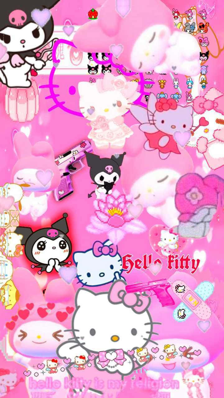 Cyber Y2k 桌布 壁紙 — 充滿活力的粉紅色桌布拼貼畫， featuring Hello Kitty 和 Kuromi 角色，周圍環繞著心形、花朵和俏皮的塗鴉。