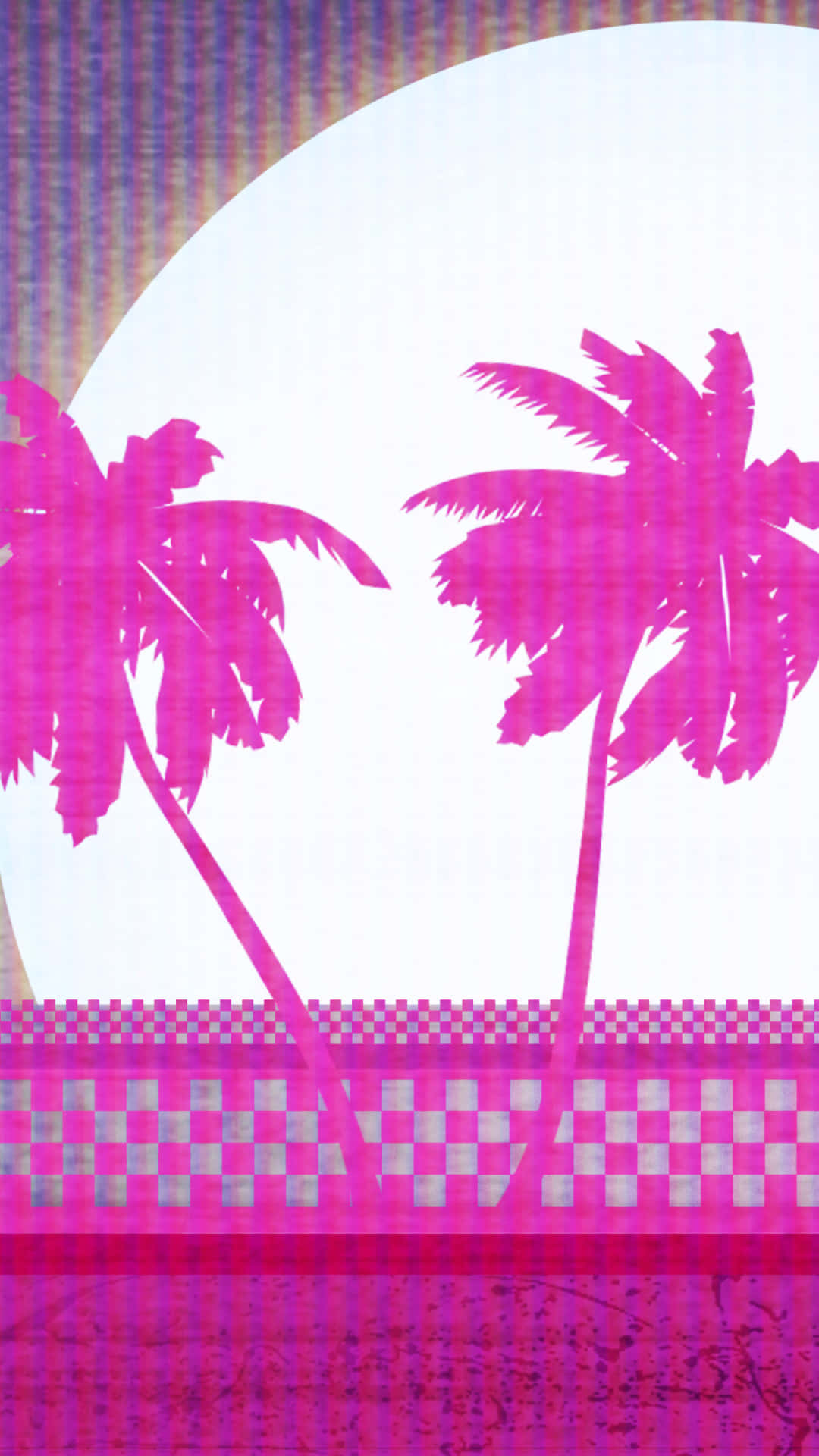 Hotline Miami 桌布 壁紙 — 充滿活力的粉紅色棕櫚樹剪影，映襯著發光的太陽，前景為棋盤格圖案。
