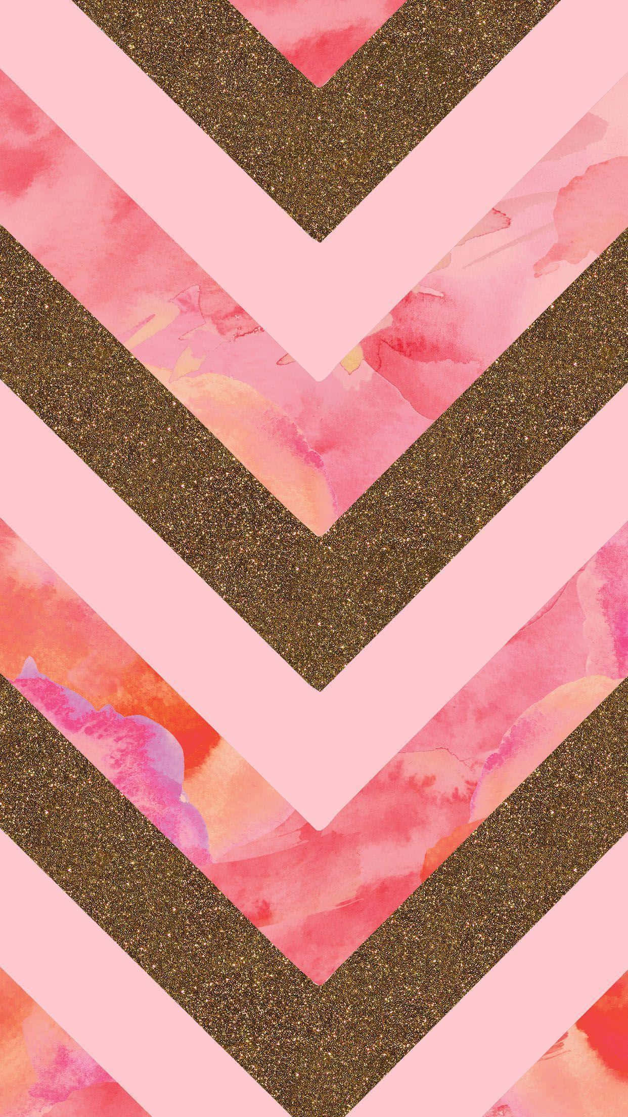 Tumblr Rose Gold 桌布 壁紙 — 充滿活力的粉紅色水彩洗滌與閃閃發光的金色人字形圖案交替，形成大膽的幾何圖案。