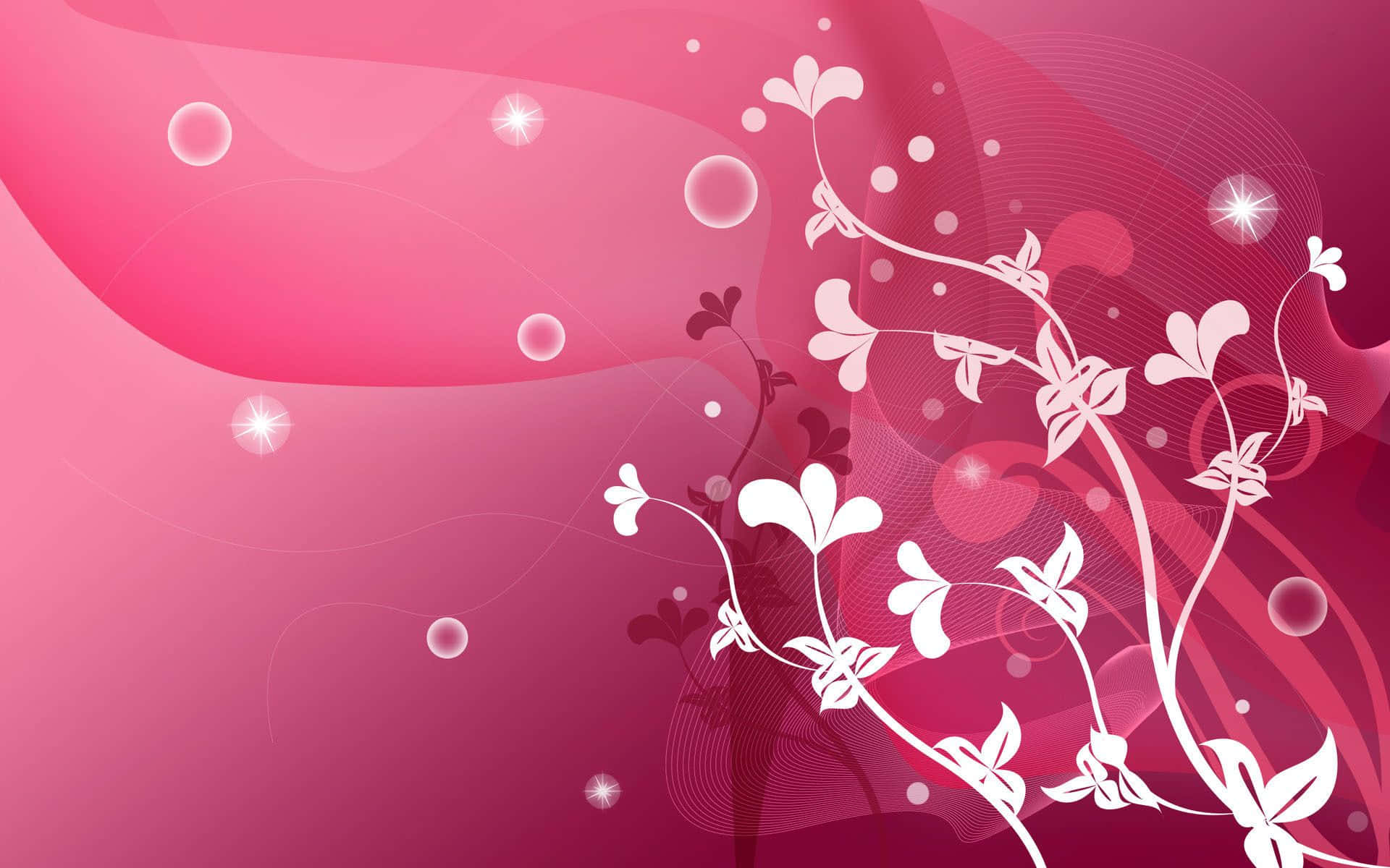 Pink Abstract 桌布 壁紙 — 充滿活力的粉紅色漸層背景，飾以優雅的白色花卉藤蔓和閃爍的光效。