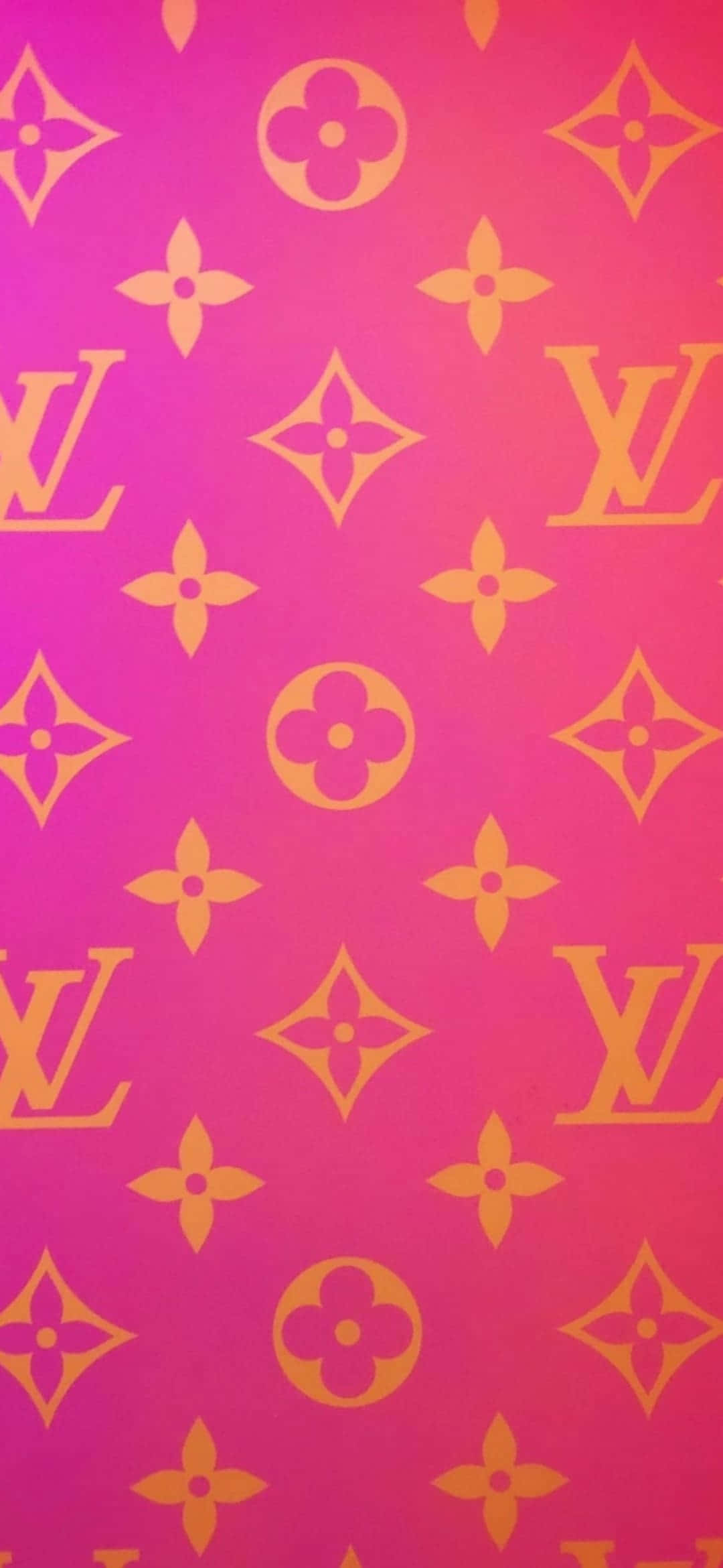 Louis Vuitton iPhone 桌布 壁紙 — 充滿活力的粉紅色漸變壁紙，帶有重複的金色 Louis Vuitton 字母組合和花卉圖案。