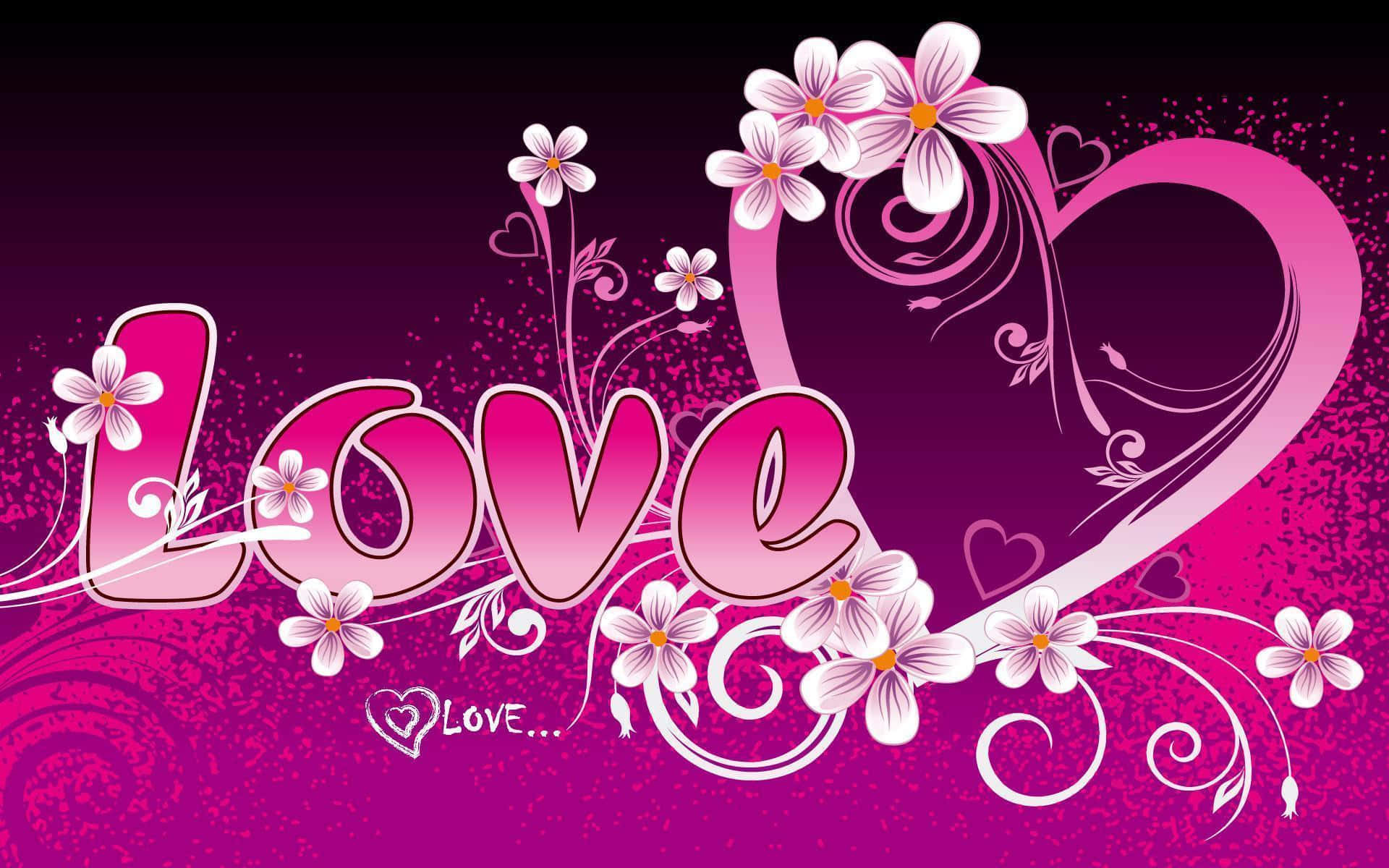 Cute Love Heart 桌布 壁紙 — 充滿活力的粉紅色漸變背景，以粗體時尚字體呈現「Love」字樣，周圍環繞著白色花朵和旋轉的心形圖案。