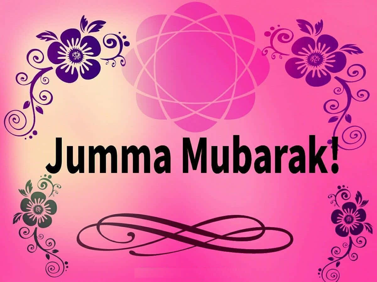 Jumma Mubarak 桌布 壁紙 — 充滿活力的粉紅色漸變背景，帶有紫色花卉漩渦和黑色 'Jumma Mubarak!' 文字。