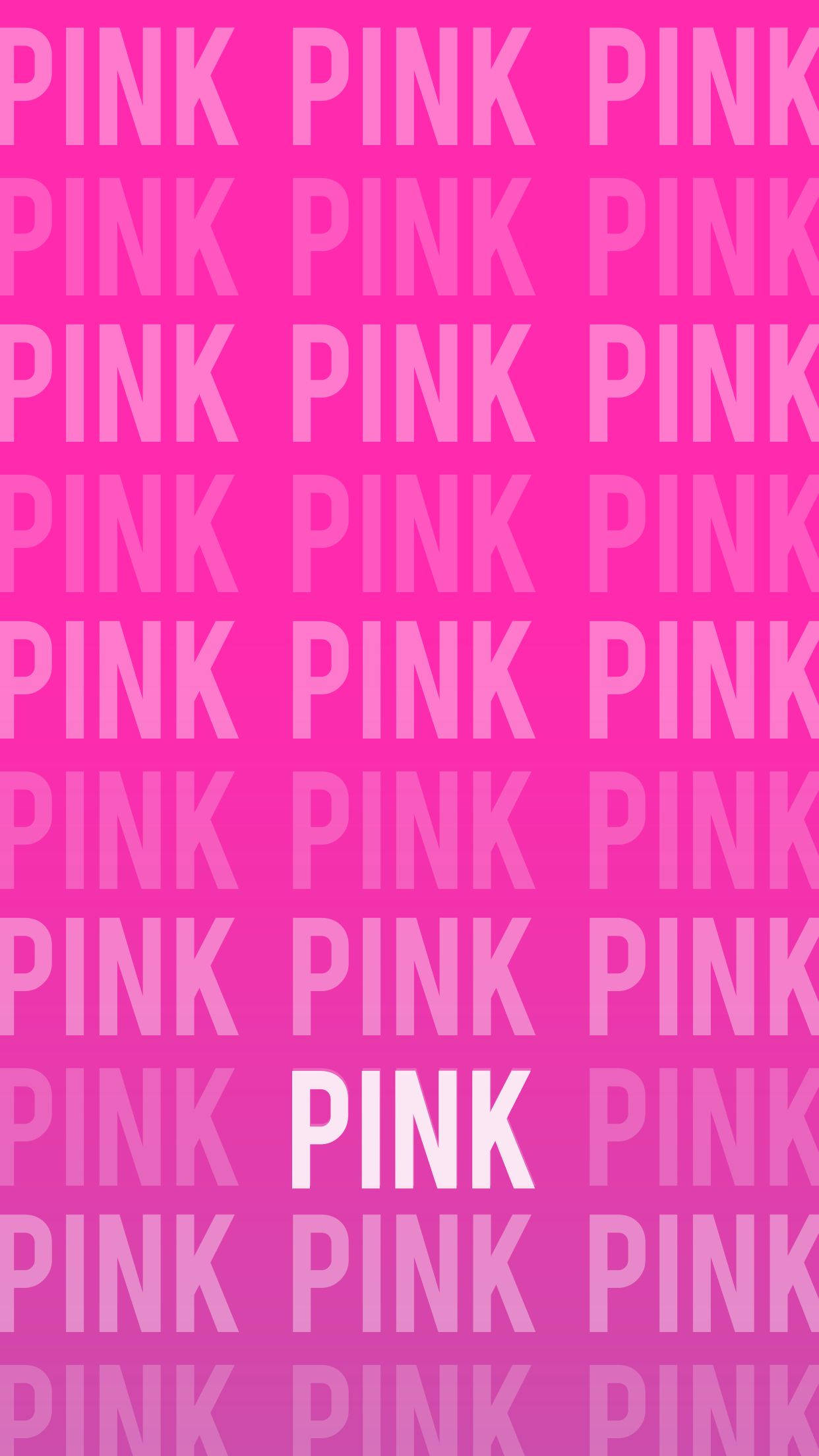 victoria 桌布 壁紙 — 充滿活力的粉紅色漸變背景，重複的 'PINK' 文字以不同透明度排列，形成大膽的圖形圖案。