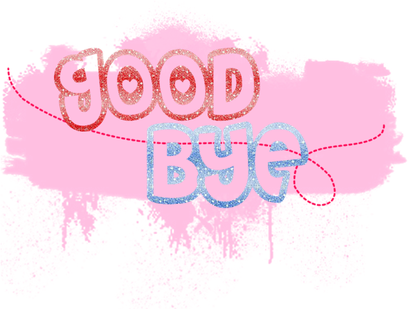 Goodbye 桌布 壁紙 — 充滿活力的粉紅色潑濺背景，帶有閃閃發光的金色和藍色「GOOD Bye」文字，以俏皮的泡泡字體呈現。