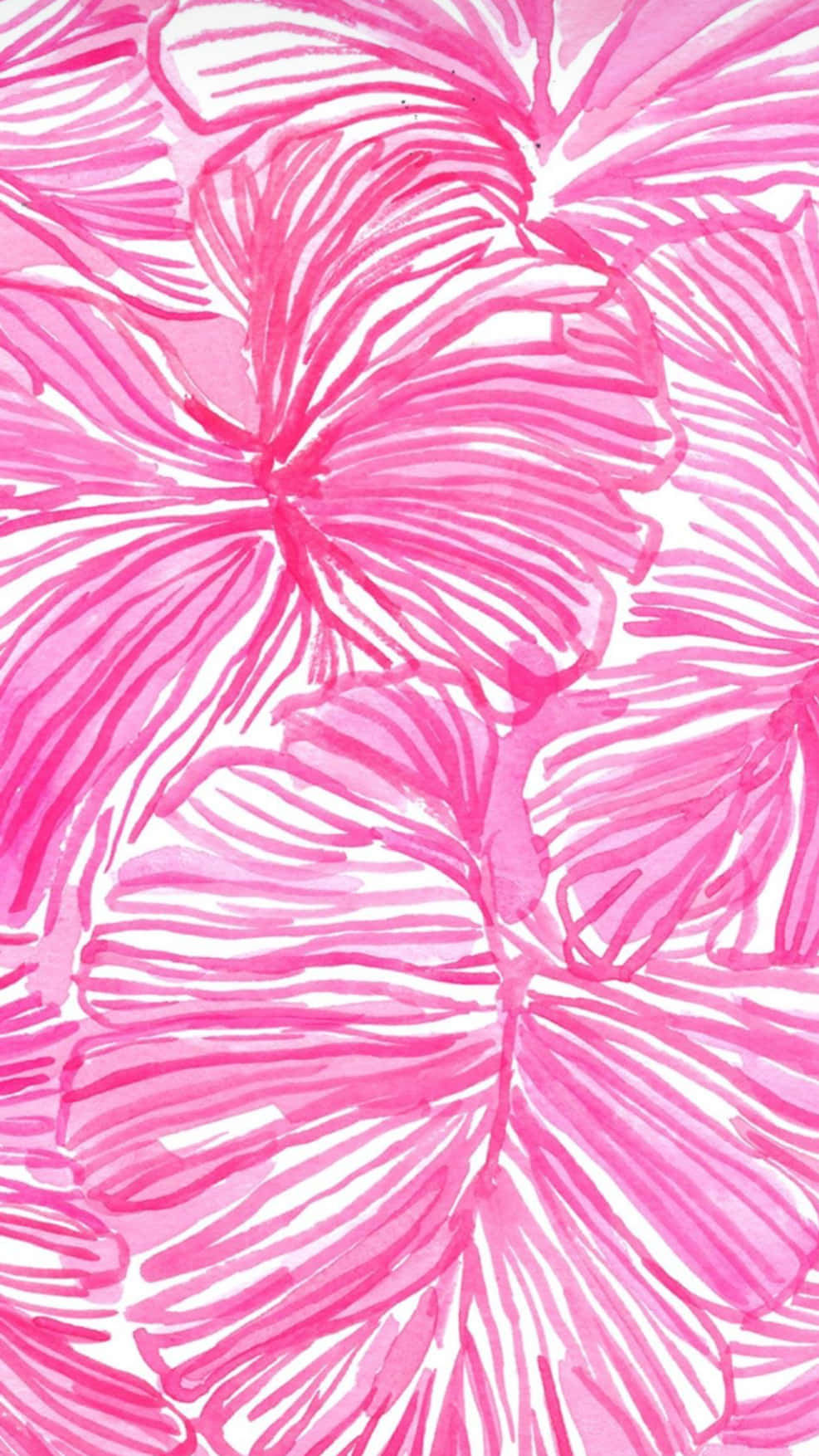 Pink Flower Phone 桌布 壁紙 — 充滿活力的粉紅色熱帶葉子，帶有白色葉脈，以水彩圖案填滿畫面。