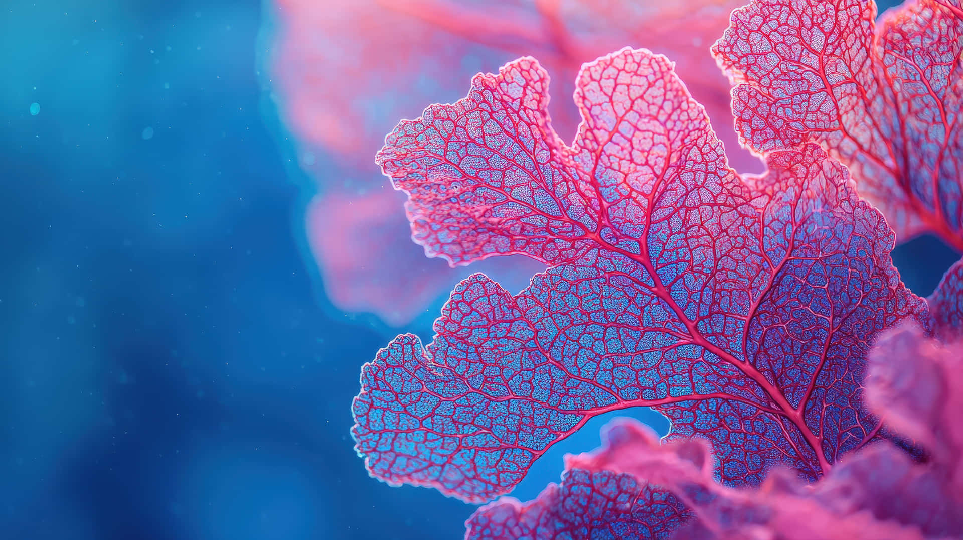 Close-up of vibrant pink and blue plant veins 壁紙 — 充滿活力的粉紅色珊瑚，帶有複雜的紅色脈絡圖案，在深藍色水下背景中脫穎而出。