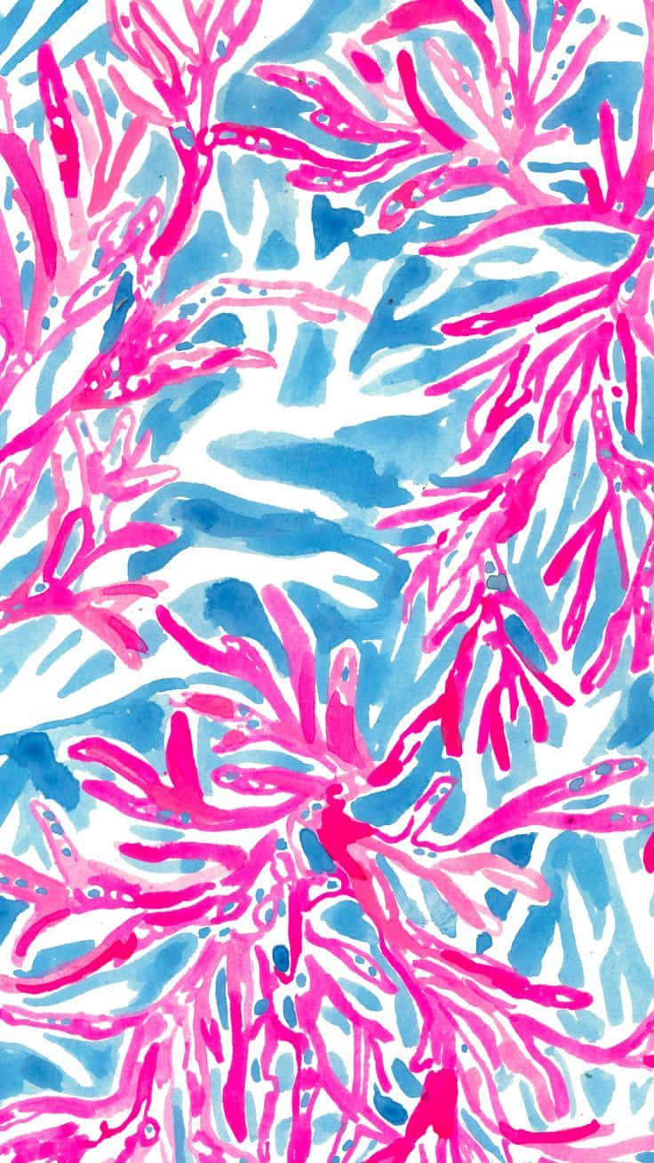 Lilly Pulitzer iPhone 桌布 壁紙 — 充滿活力的粉紅色珊瑚枝條與帶紋理的藍色水彩洗滌形成對比，構成生動的水下圖案。