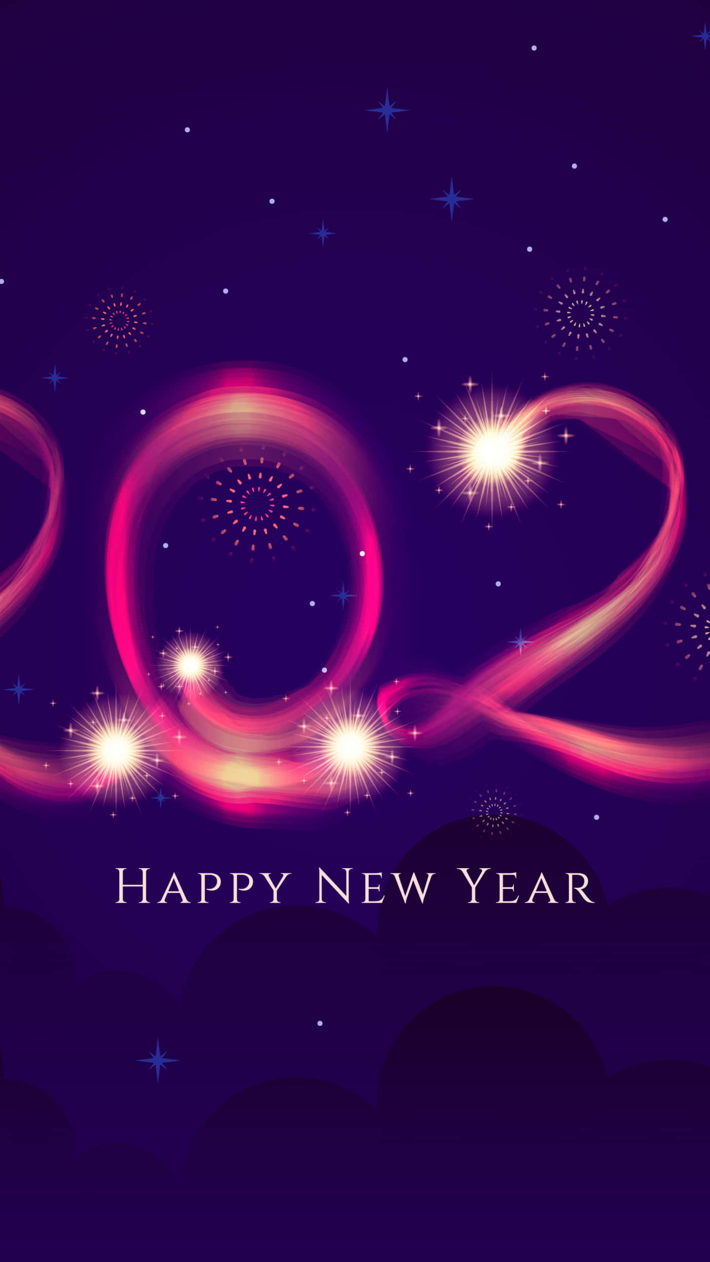 節日 桌布 壁紙 — 充滿活力的粉紅色發光數字 2022 在深紫色夜空中旋轉，點綴著閃爍的星星和煙火。
