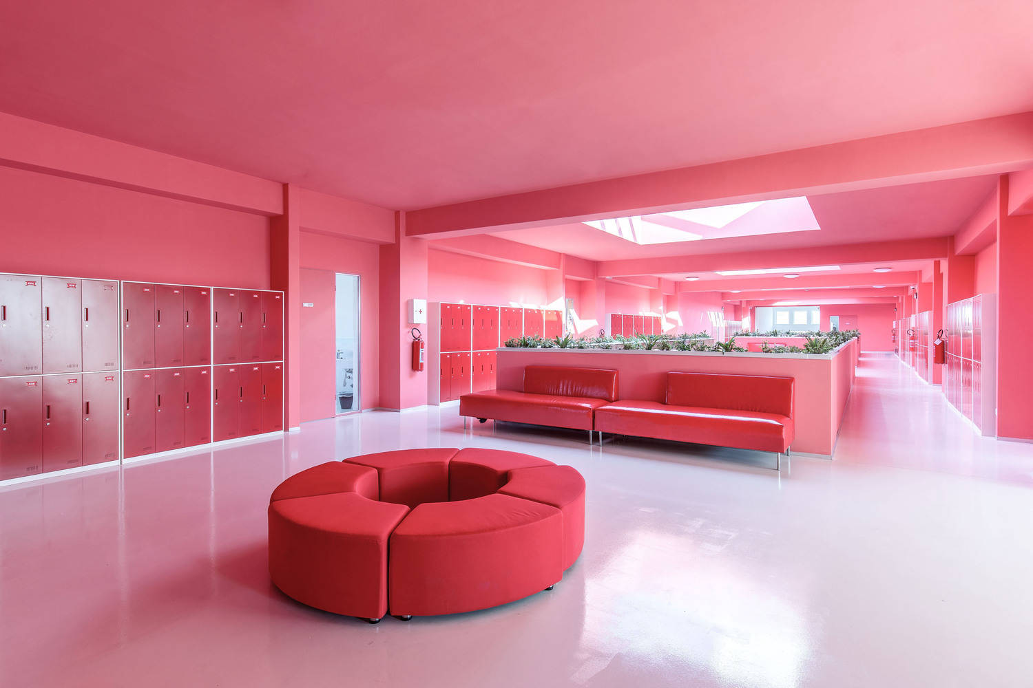 Interior Design 桌布 壁紙 — 充滿活力的粉紅色置物間，設有圓形紅色座位，在明亮天窗下展現時尚現代設計。