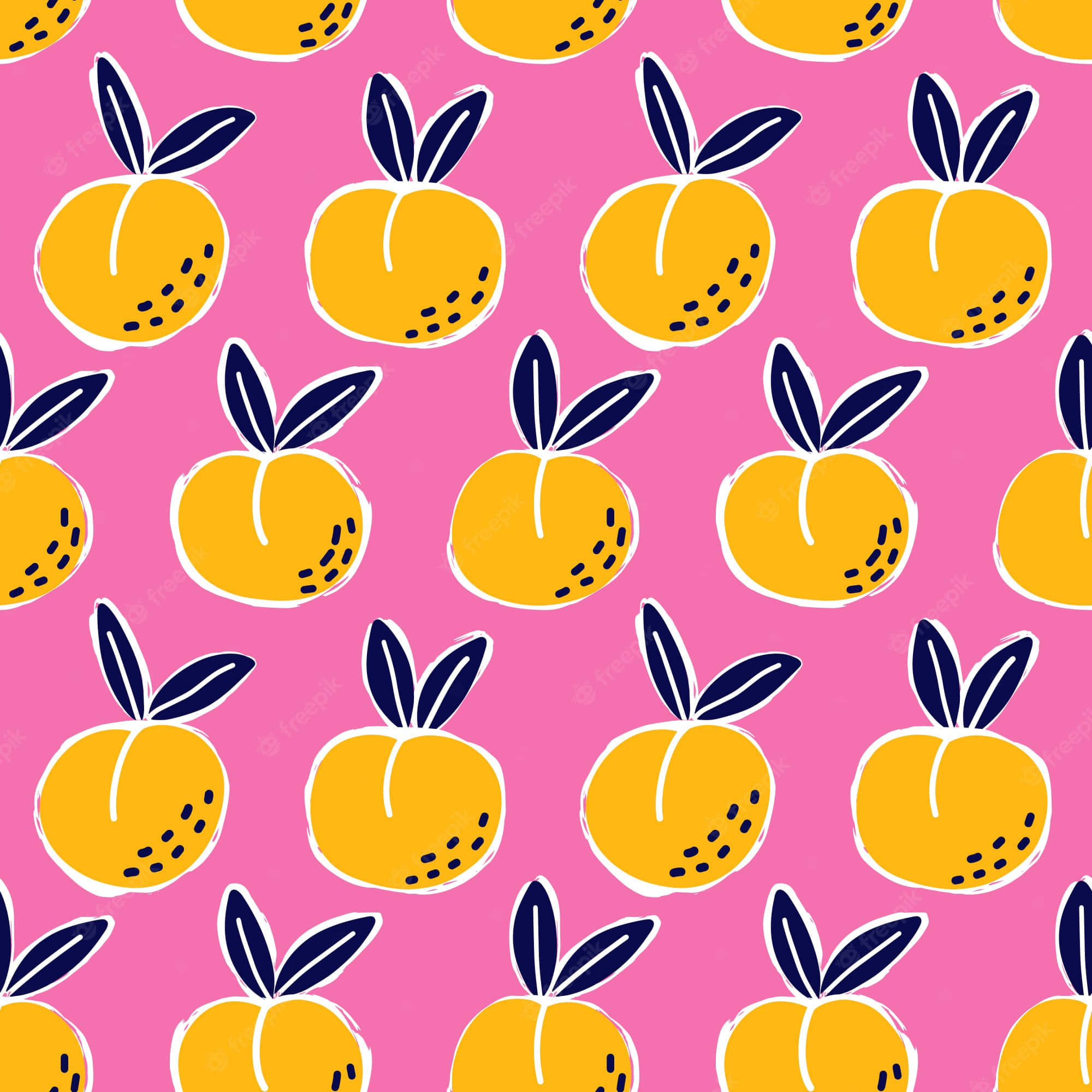Cute Peach 桌布 壁紙 — 充滿活力的粉紅色背景，上面有重複的黃色桃子插圖，帶有深藍色葉子和白色輪廓。