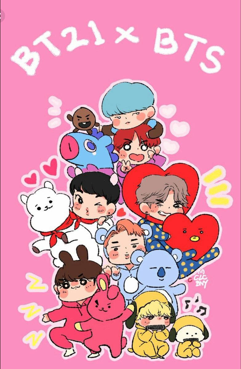 BT21 桌布 壁紙 — 充滿活力的粉紅色背景，以可愛的卡通角色和真人，搭配心形和表情豐富的臉孔，呈現出俏皮的貼紙拼貼風格。