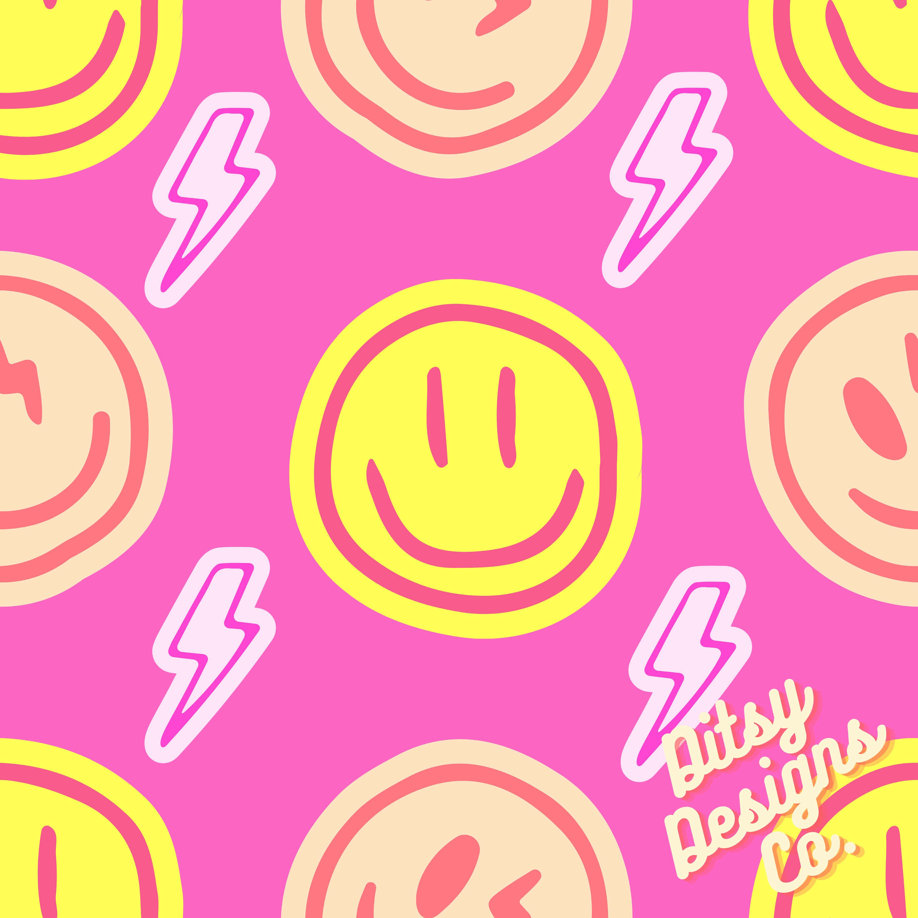 Cute Neon Pink 桌布 壁紙 — 充滿活力的粉紅色背景，充滿了快樂的黃色笑臉和白色閃電，形成有趣的重复圖案。