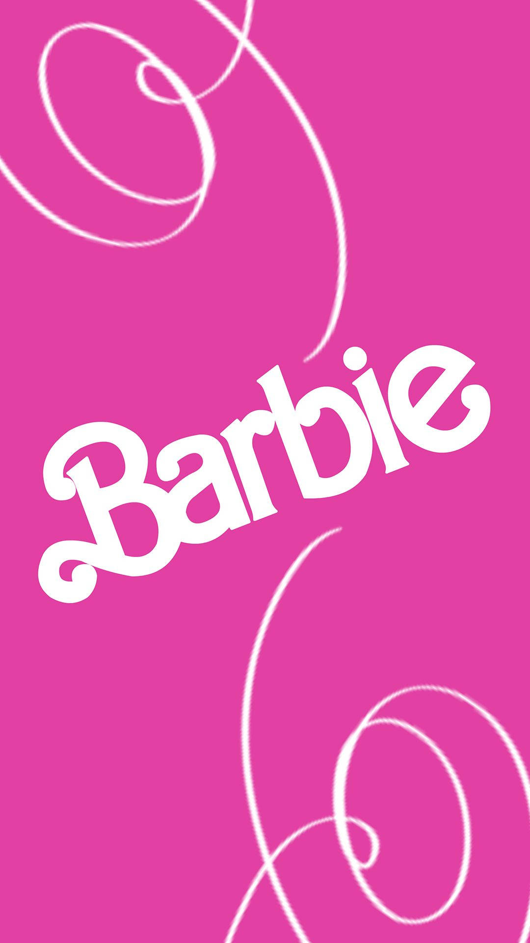 芭比 桌布 壁紙 — 充滿活力的粉紅色背景，帶有白色草書 'Barbie' 標誌和旋轉的裝飾線條。