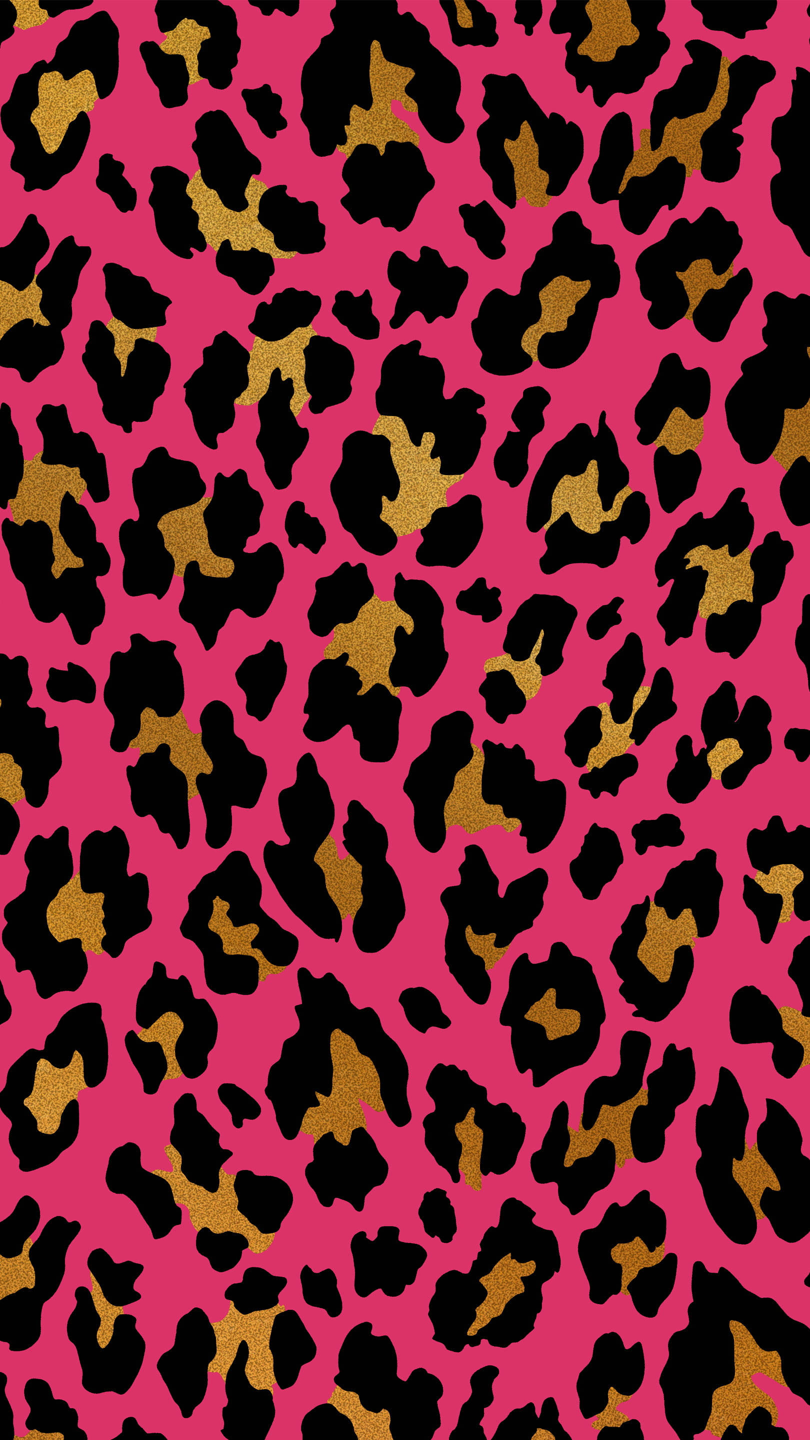 Leopard Print 桌布 壁紙 — 充滿活力的粉紅色背景，帶有醒目的黑色和閃閃發光的金色豹紋重複圖案。