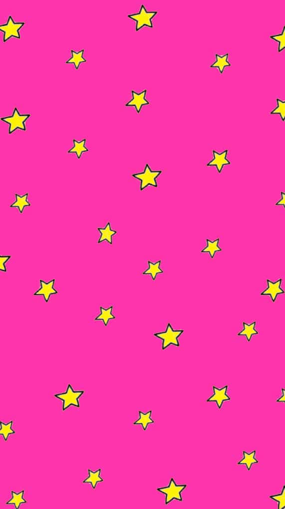 Bright Pink 桌布 壁紙 — 充滿活力的粉紅色背景，散落著黑色輪廓的鮮黃色星星。