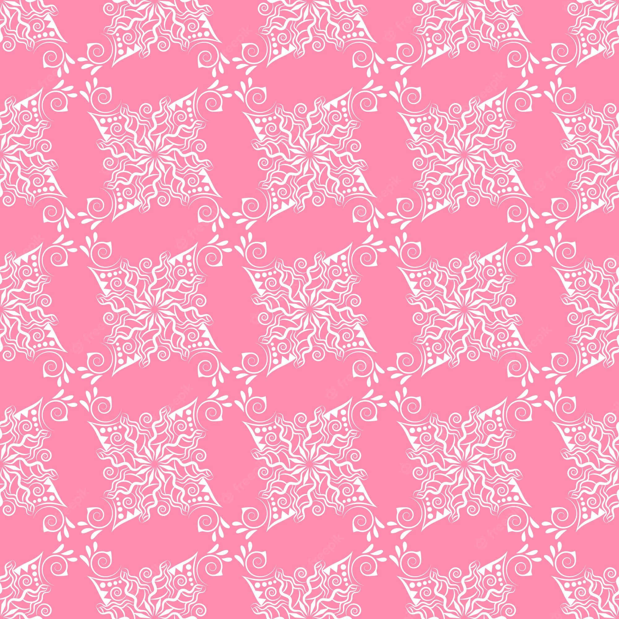 Cute Neon Pink 桌布 壁紙 — 充滿活力的粉紅色背景，飾有重複的白色華麗雪花狀圖案，帶有漩渦和圓點。