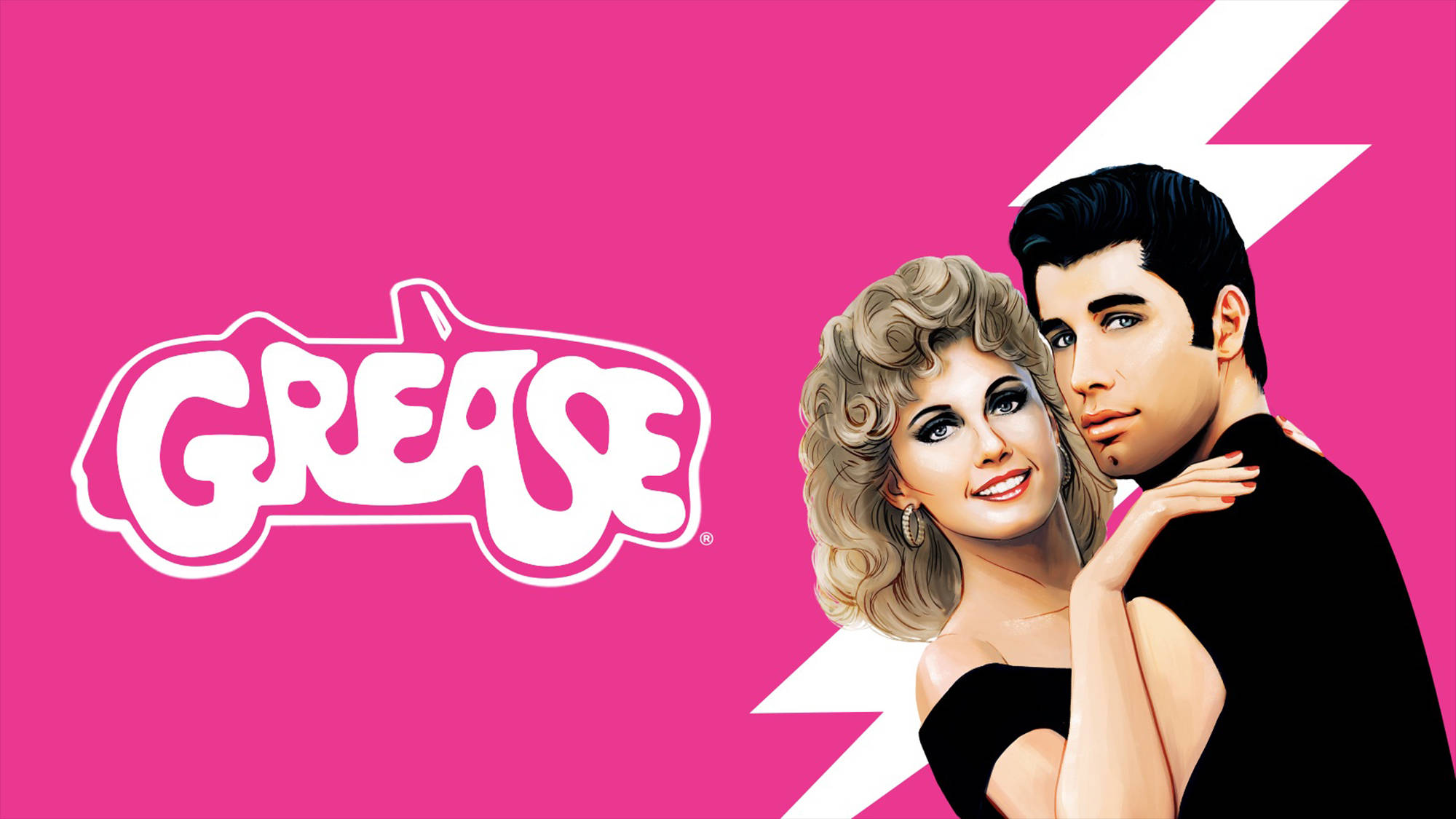 Grease 桌布 壁紙 — 充滿活力的粉紅色背景上，展示了標誌性的《油脂》標誌，以及桑迪和丹尼的1950年代風格插圖。
