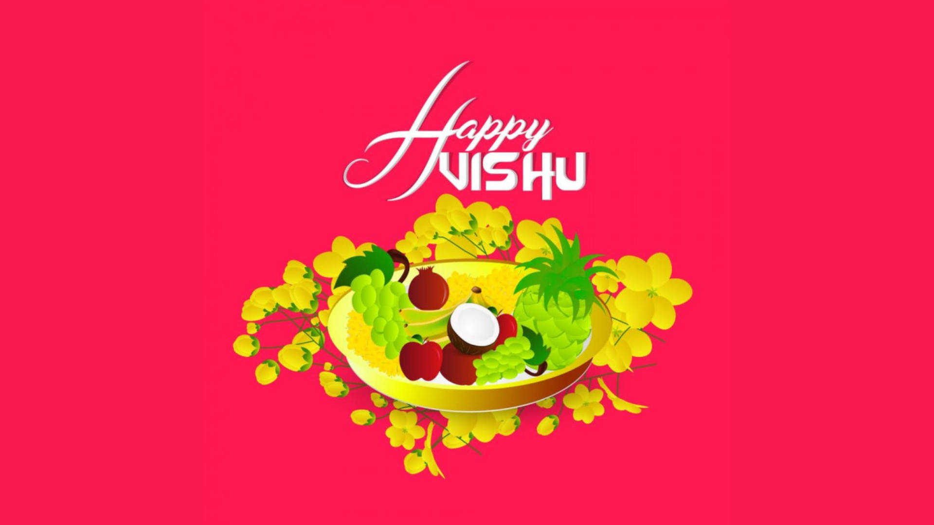 Happy Vishu 桌布 壁紙 — 充滿活力的粉紅色背景上有一個金色盤子，上面堆滿了色彩繽紛的水果和黃色花朵，上方寫有「Happy Vishu」。