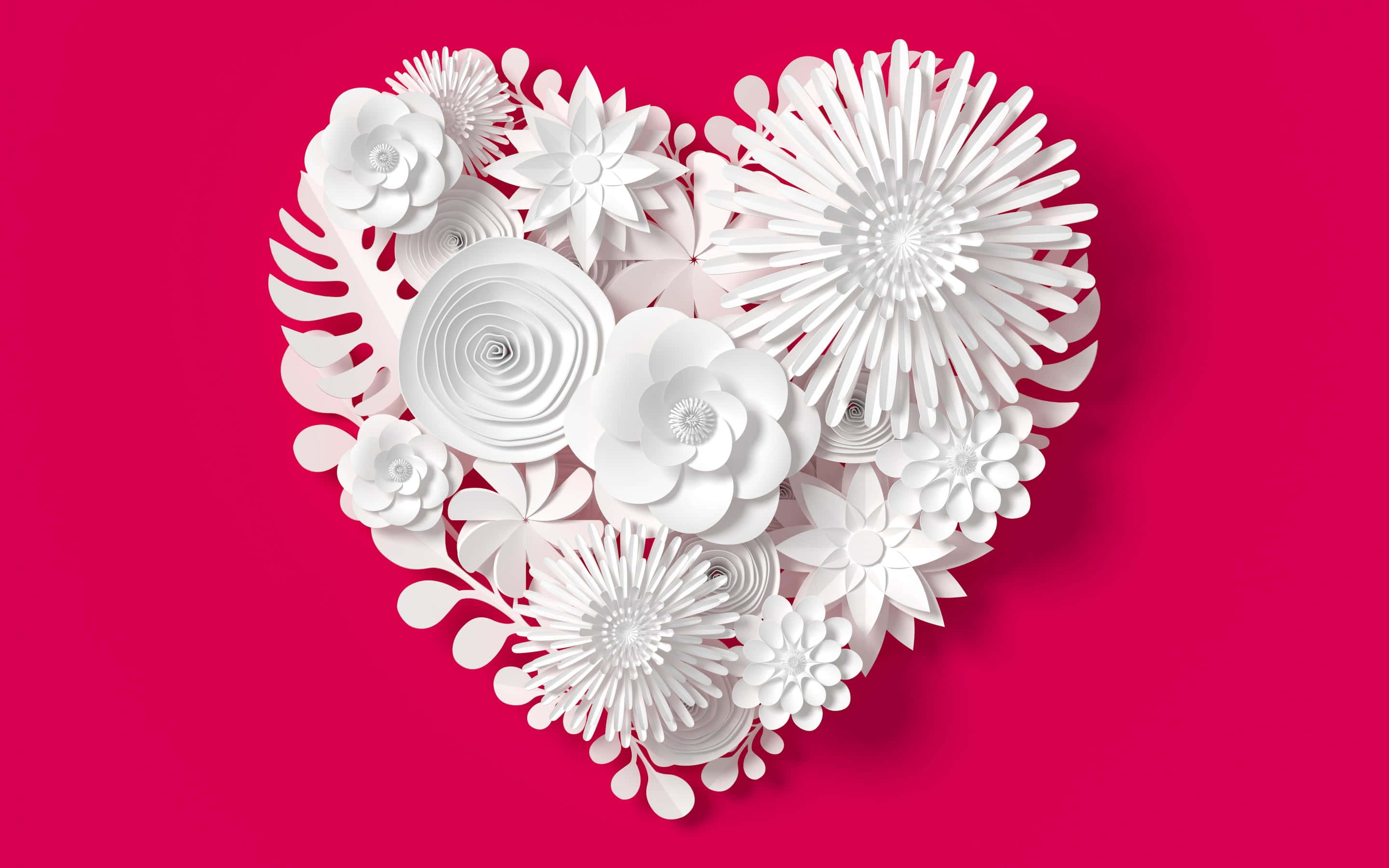 Aesthetic Heart 桌布 壁紙 — 充滿活力的粉紅色背景展示了一個3D紙藝心形，由精緻的白色花卉設計組成，帶有分層花瓣和螺旋。