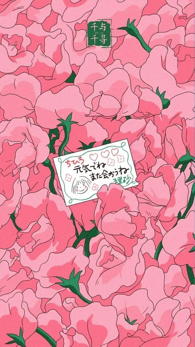 Aesthetic Ghibli 桌布 壁紙 — 充滿活力的粉紅色花卉壁紙，帶有手寫便條和日文字句，藏在盛開的花朵之間。