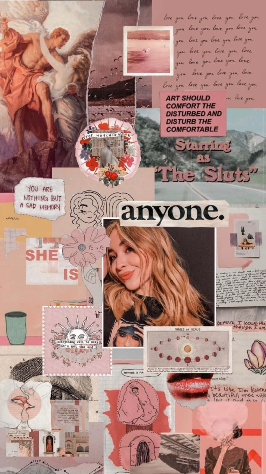 Aesthetic Pink Collage 桌布 壁紙 — 充滿活力的粉紅色調拼貼壁紙，包含混合媒體元素，包括文字引言、藝術插圖和一個微笑女性的中央肖像。