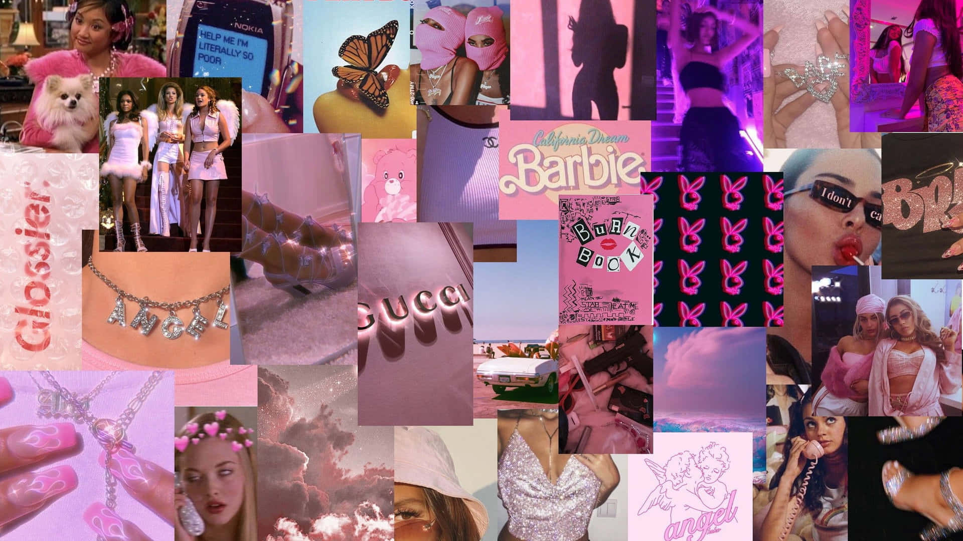 Aesthetic Collage Desktop 桌布 壁紙 — 充滿活力的粉紅色調拼貼畫， featuring 芭比主題圖像、奢華時尚、名人照片和流行文化偶像。