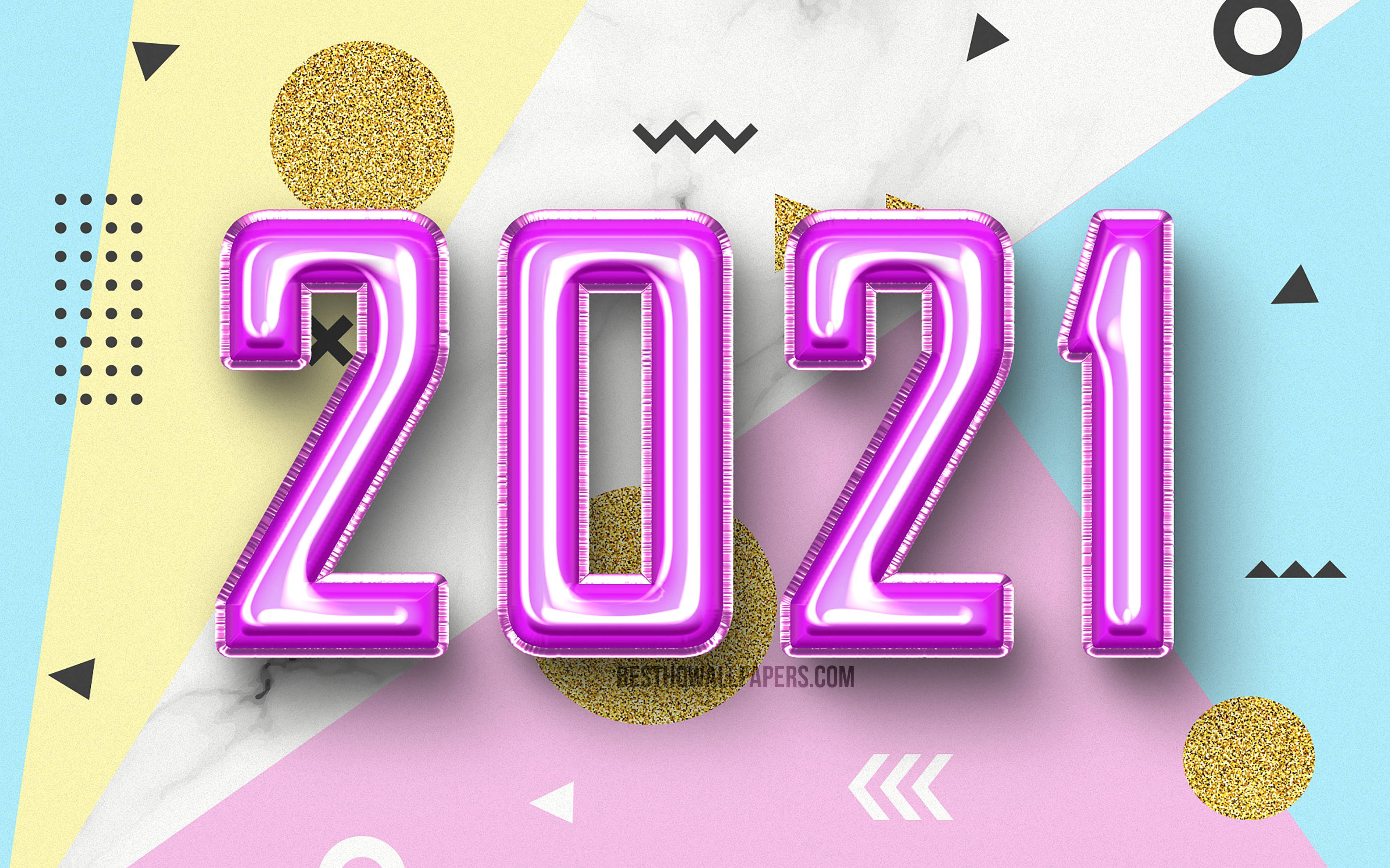 Balloon 桌布 壁紙 — 充滿活力的粉紅色金屬2021氣球在色彩繽紛的幾何背景上飄浮，並帶有金色亮粉點綴。