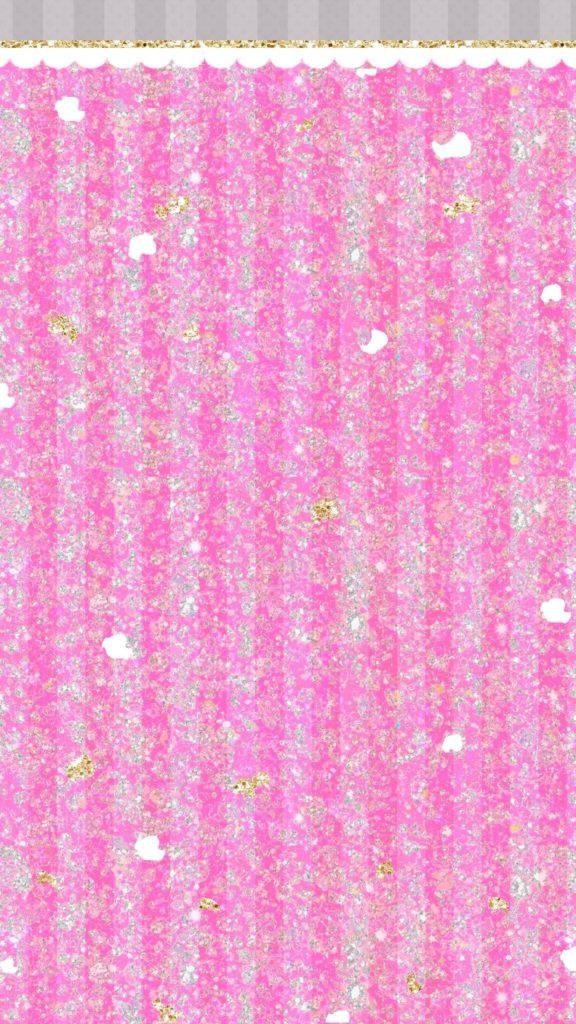粉紅女孩 iPhone 桌布 壁紙 — 充滿活力的粉紅色閃粉窗簾，帶有金色飾邊和散落的白色雲朵形狀。