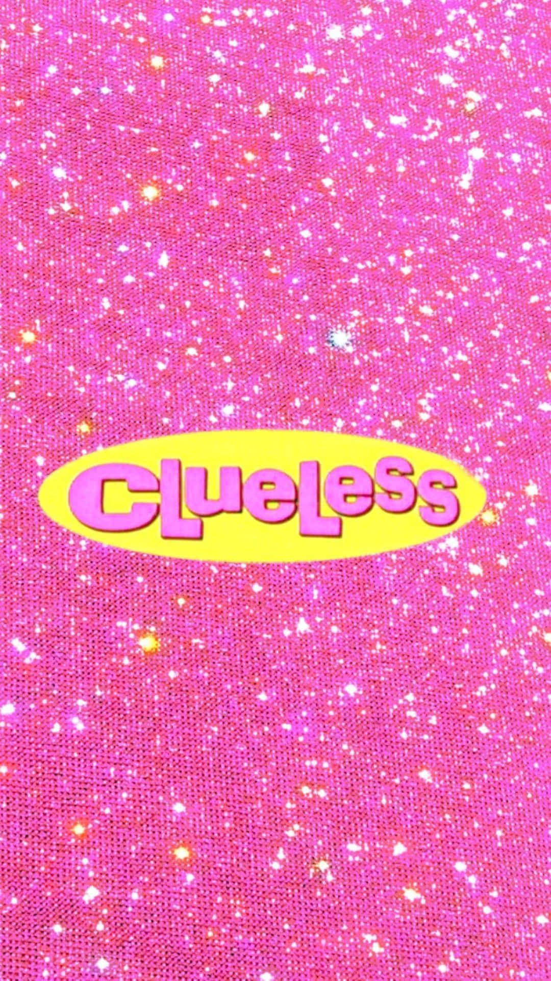 Clueless 桌布 壁紙 — 充滿活力的粉紅色閃粉背景，帶有一個黃色橢圓形，內含粉紅色草書字體寫成的「Clueless」字樣。
