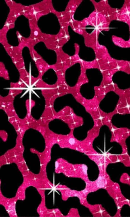 Glitter Leopard 桌布 壁紙 — 充滿活力的粉紅色閃粉豹紋圖案，帶有醒目的黑色斑點和閃爍的星爆。