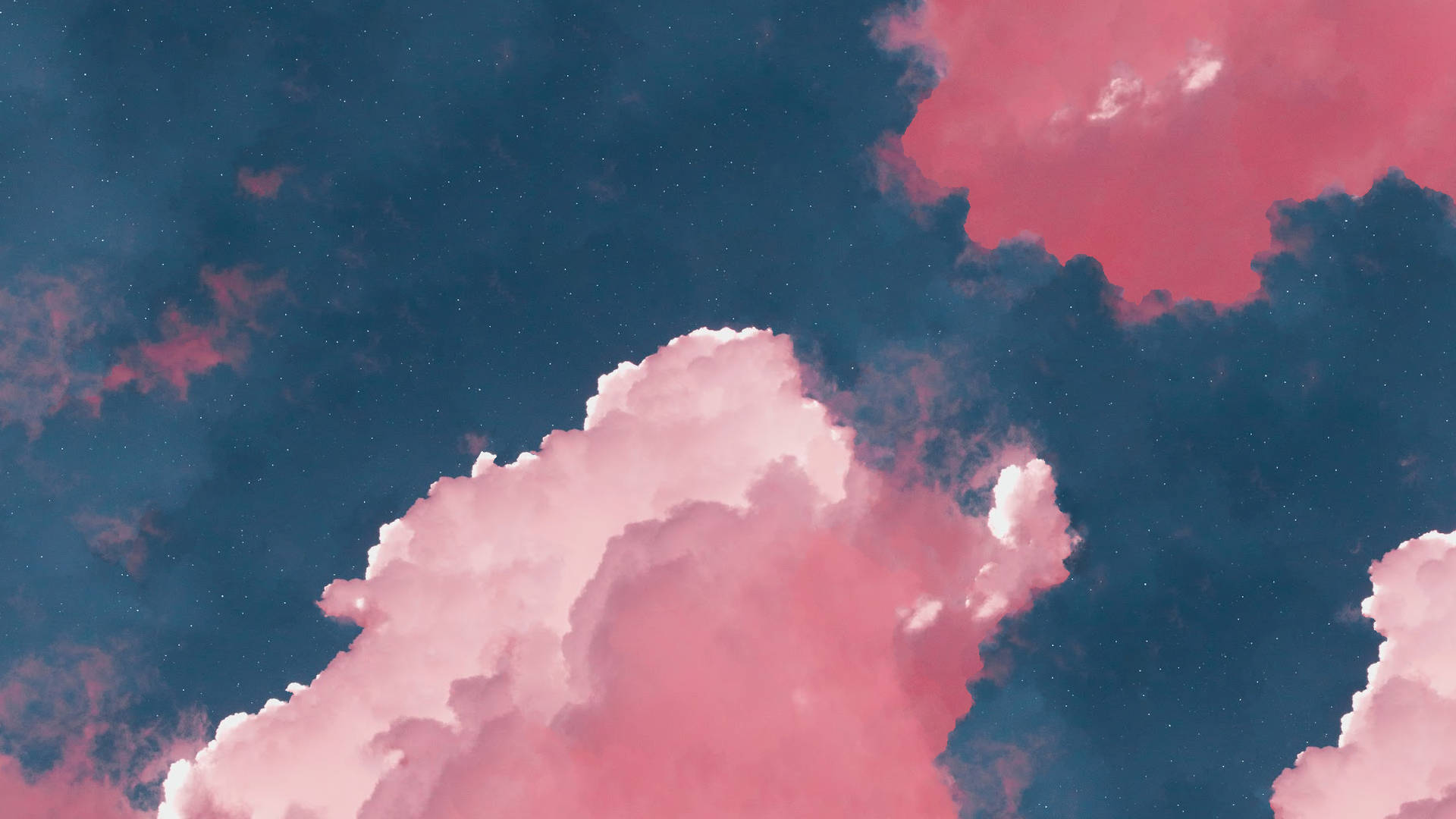 pastel 桌布 壁紙 — 充滿活力的粉紅色雲朵在深藍綠色、點綴著星星的天空中飄移，構成夢幻的數位藝術作品。