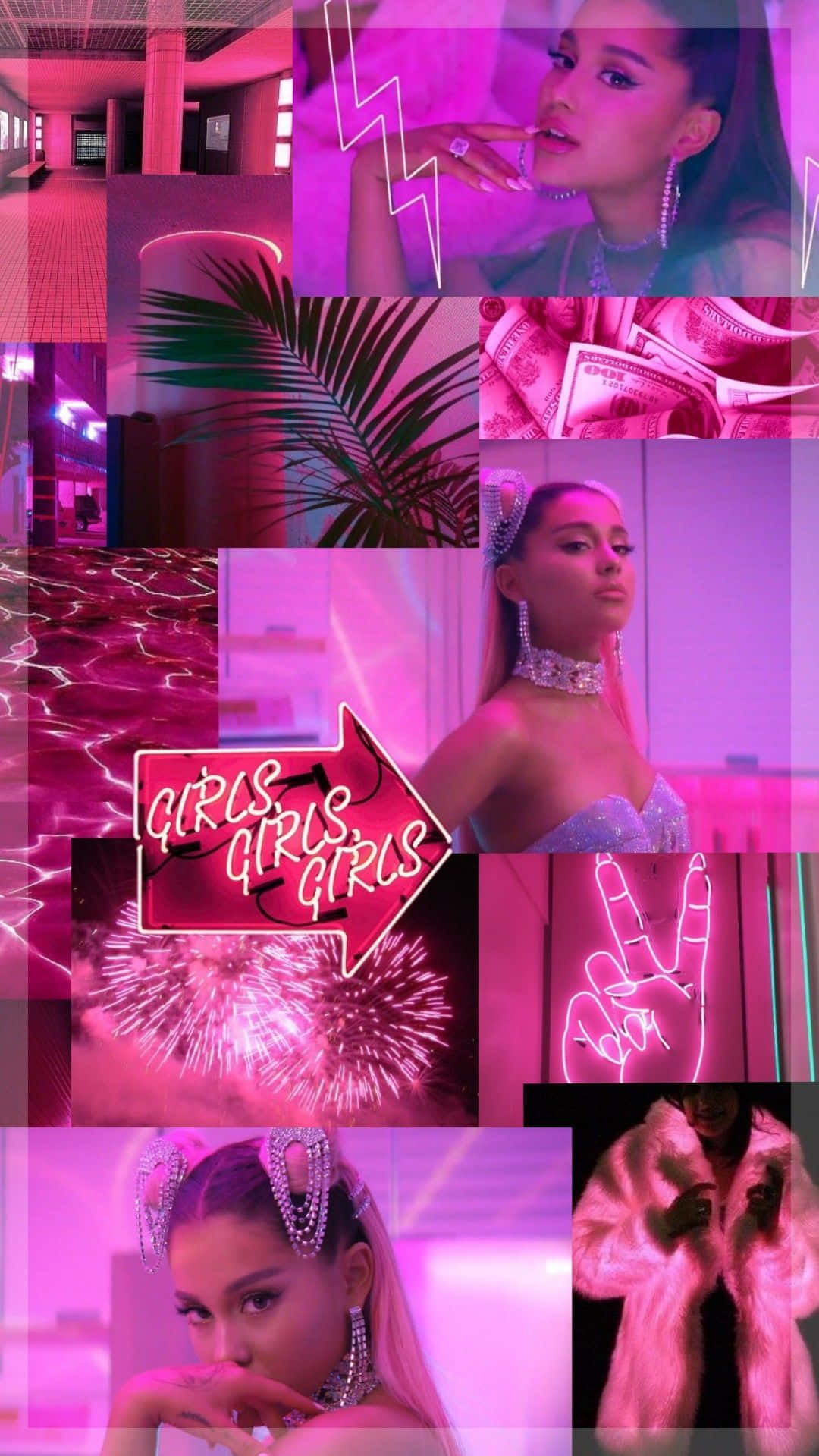 Ariana Grande 7 Rings 桌布 壁紙 — 充滿活力的粉紅色霓虹拼貼畫， featuring Ariana Grande 以華麗姿勢搭配金錢、棕櫚葉、煙火和 'girls girls girls' 標誌。