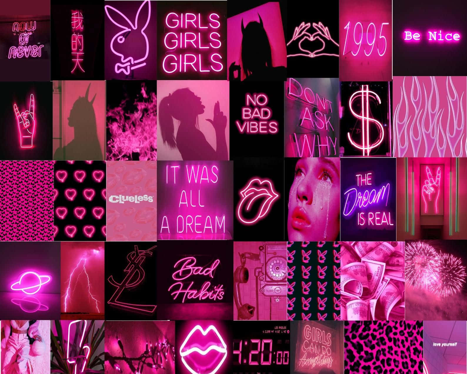 Pink Collage 桌布 壁紙 — 充滿活力的粉紅色霓虹拼貼畫，以標誌性符號、名言和流行文化參考為特色，在黑暗背景下發光。