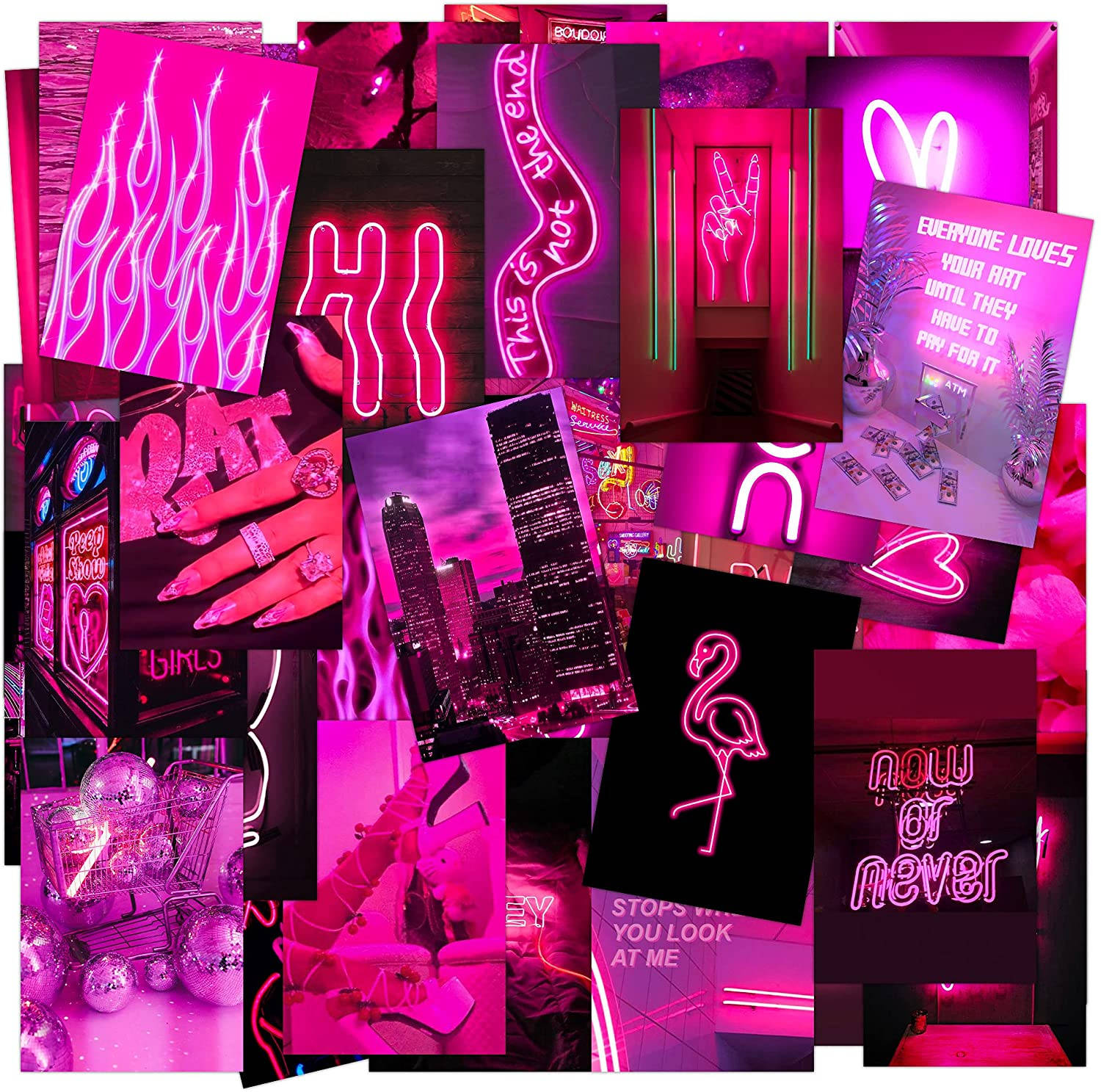 Neon Pink 桌布 壁紙 — 充滿活力的粉紅色霓虹拼貼畫，以火烈鳥、手、火焰和城市景觀呈現大膽的復古未來主義美學。