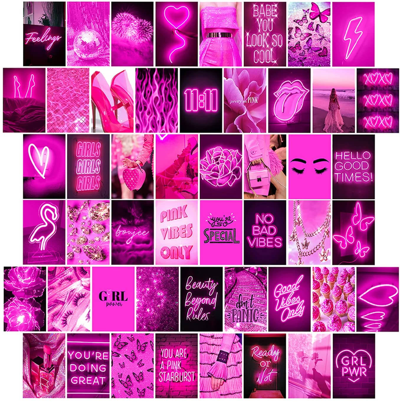 Neon Pink 桌布 壁紙 — 充滿活力的粉紅色霓虹拼貼畫，包含心形、蝴蝶、名言和時尚物品，在深色背景上發光。