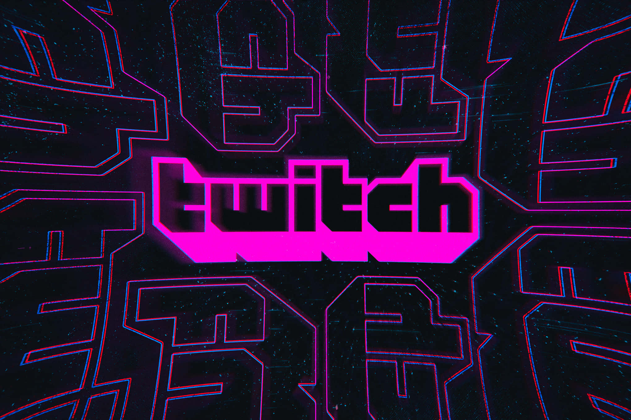 Twitch 桌布 壁紙 — 充滿活力的粉紅色霓虹燈 Twitch 標誌在帶有抽象幾何圖案的黑暗宇宙背景中發光。