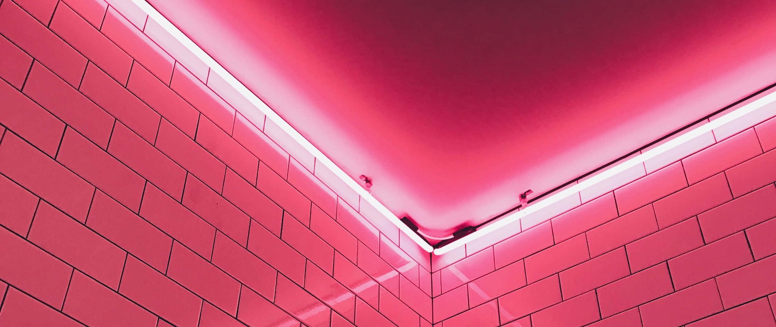 Cool Pink 桌布 壁紙 — 充滿活力的粉紅色霓虹燈沿著瓷磚牆壁和天花板的角落發光，營造出簡約現代的空間。