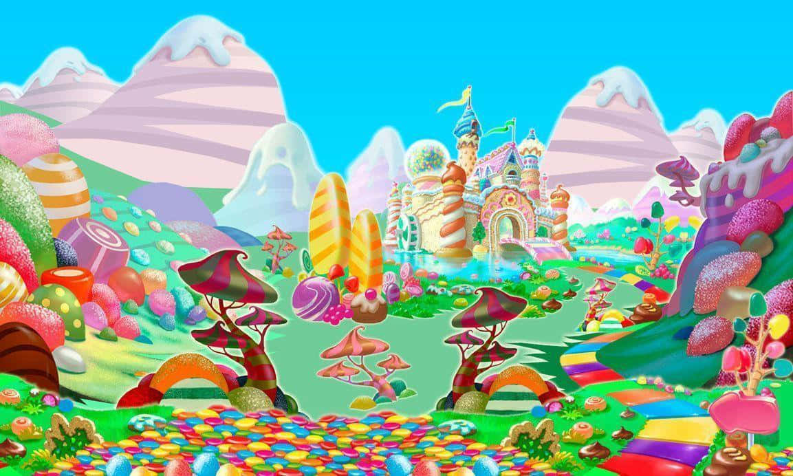 Candy Land 桌布 壁紙 — 充滿活力的糖果樂園景觀，有奇幻城堡、條紋山脈和色彩繽紛的棒棒糖樹，在明亮的藍天下。