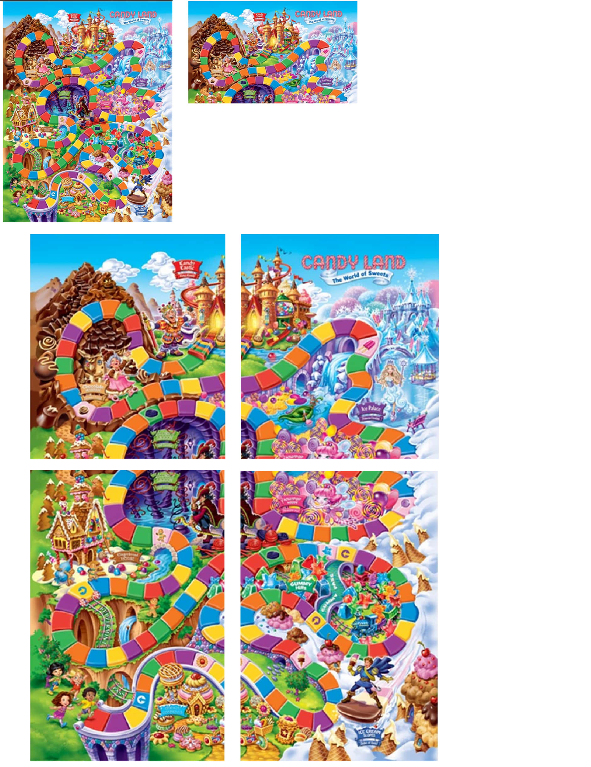 Candy Land 桌布 壁紙 — 充滿活力的糖果樂園棋盤遊戲藝術作品，色彩繽紛的糖果主題路徑蜿蜒穿過奇幻景觀，內有城堡和角色。