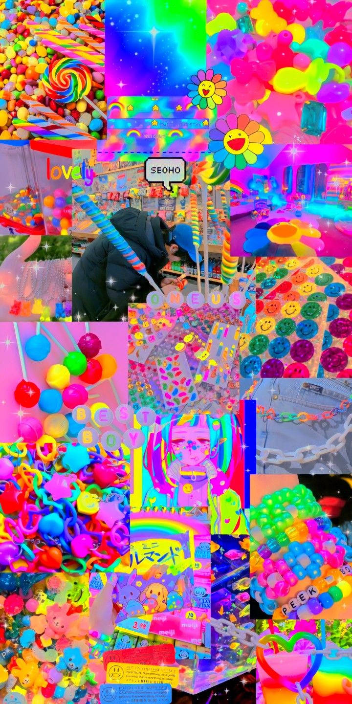 復古 桌布 壁紙 — 充滿活力的糖果色玩具拼貼畫，在充滿玩樂氣氛的遊戲機中心霓虹燈下閃閃發光。