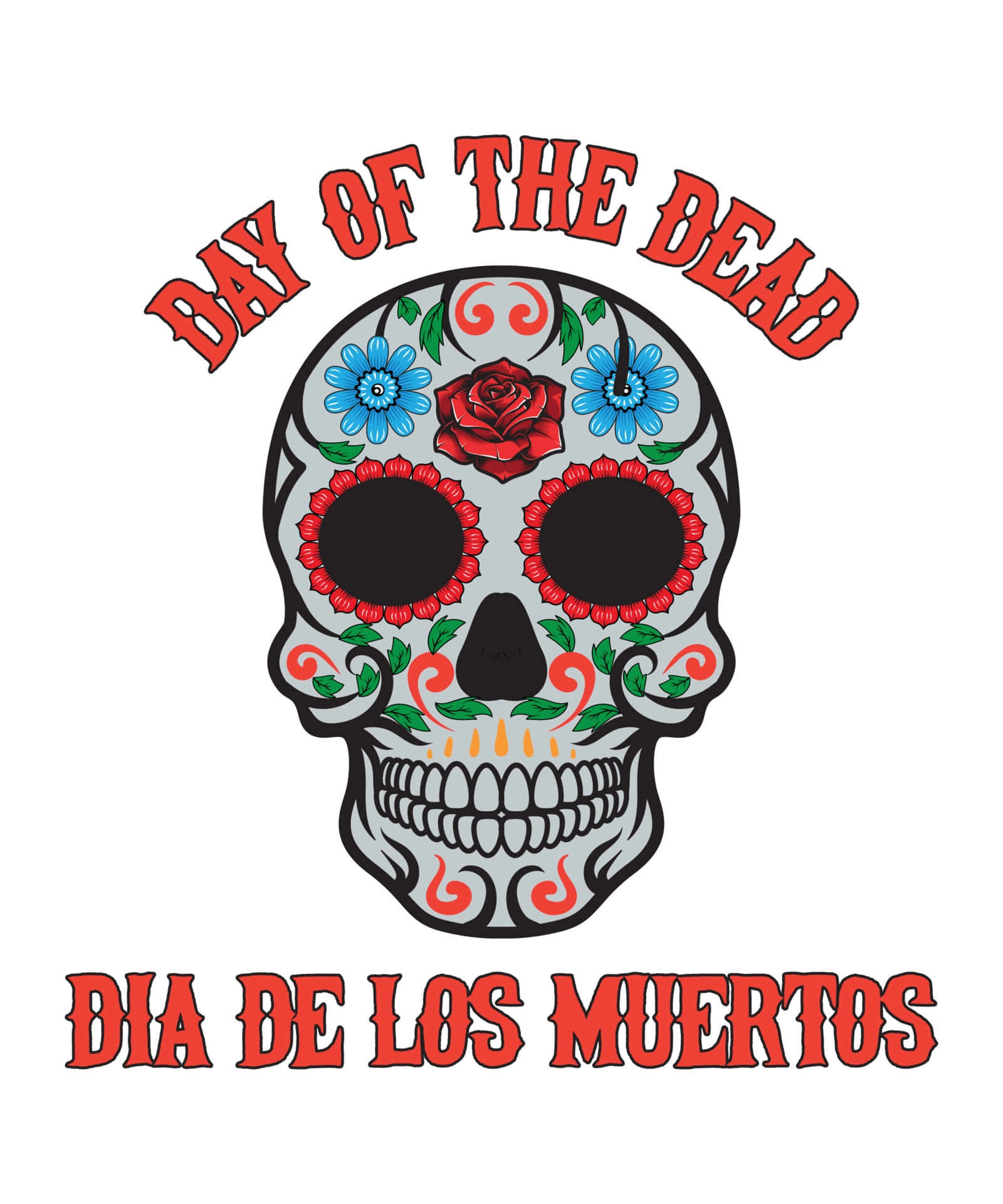 Dia De Los Muertos 桌布 壁紙 — 充滿活力的糖骷髏，飾有紅藍花朵和漩渦，下方有「Day of the Dead」文字。