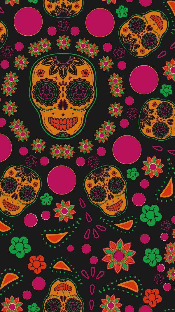 Dia De Los Muertos 桌布 壁紙 — 充滿活力的糖骷髏和橙色、粉紅色和綠色的花朵裝飾在黑色背景上，形成節日重複圖案。