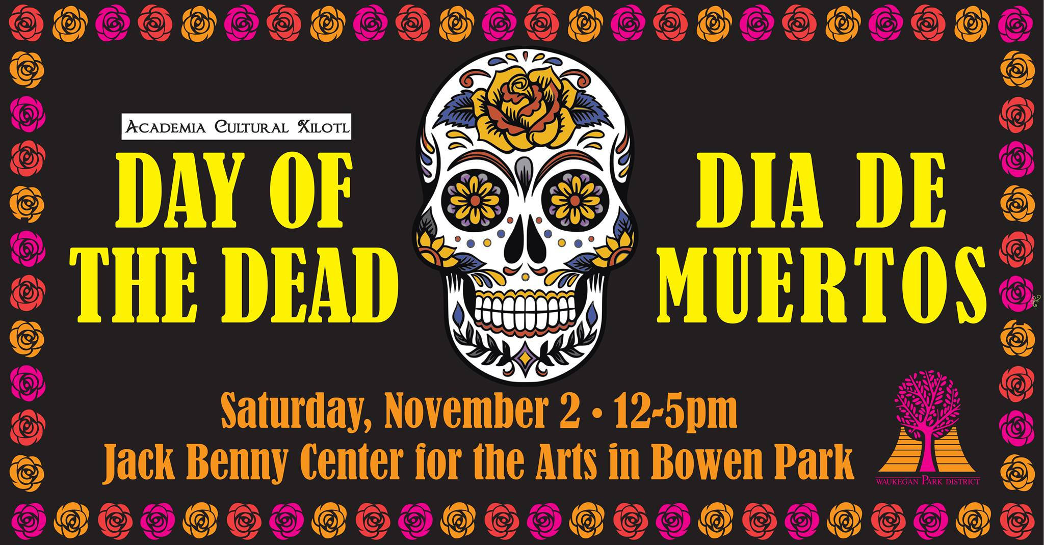 Dia De Los Muertos 桌布 壁紙 — 充滿活力的糖骷髏頭，中央有黃色玫瑰和花卉圖案，黑色背景，周圍環繞著彩色玫瑰。