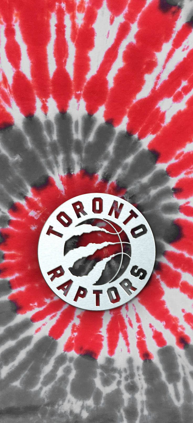 Raptors 桌布 壁紙 — 充滿活力的紅、白、灰色紮染布料，中央有多倫多暴龍隊標誌，包含籃球和爪子的設計。