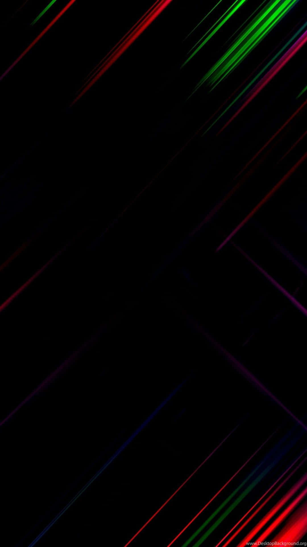 AMOLED 桌布 壁紙 — 充滿活力的紅、綠、藍色對角霓虹條紋劃過深邃的黑色虛空，營造出動態的數位抽象。