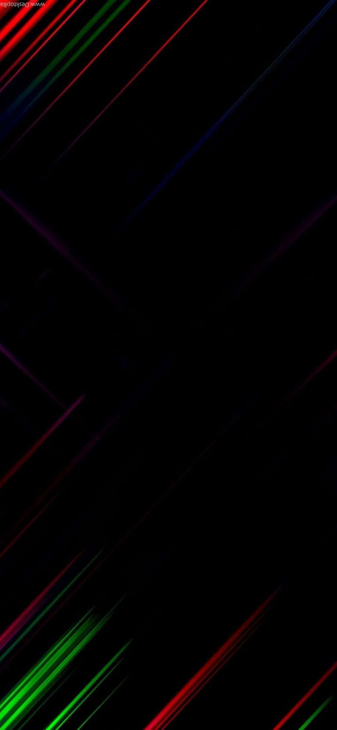 iPhone X AMOLED 桌布 壁紙 — 充滿活力的紅、綠、藍色霓虹條紋斜向劃過深邃的黑色虛空，營造出動態的數位抽象效果。