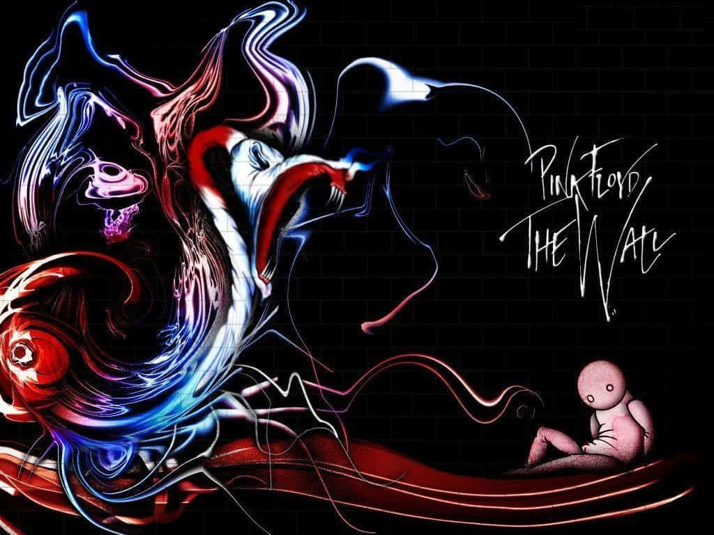 Album Cover 桌布 壁紙 — 充滿活力的紅、藍、白霓虹漩渦在黑色磚牆上爆炸，旁邊有一個粉紅色的小人物和 Pink Floyd The Wall 文字。